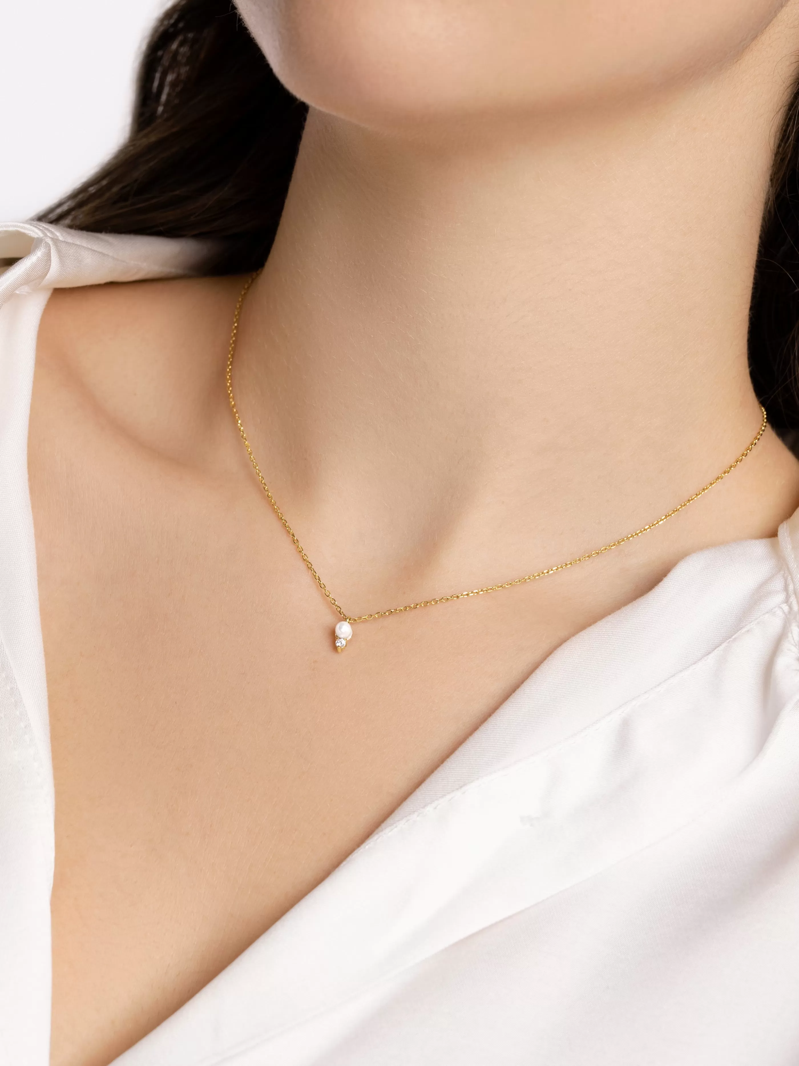 SINGULARU Collar Grace Pearl Oro Amarillo 9Kt Con Topacio Blanco- Collares Con Perlas