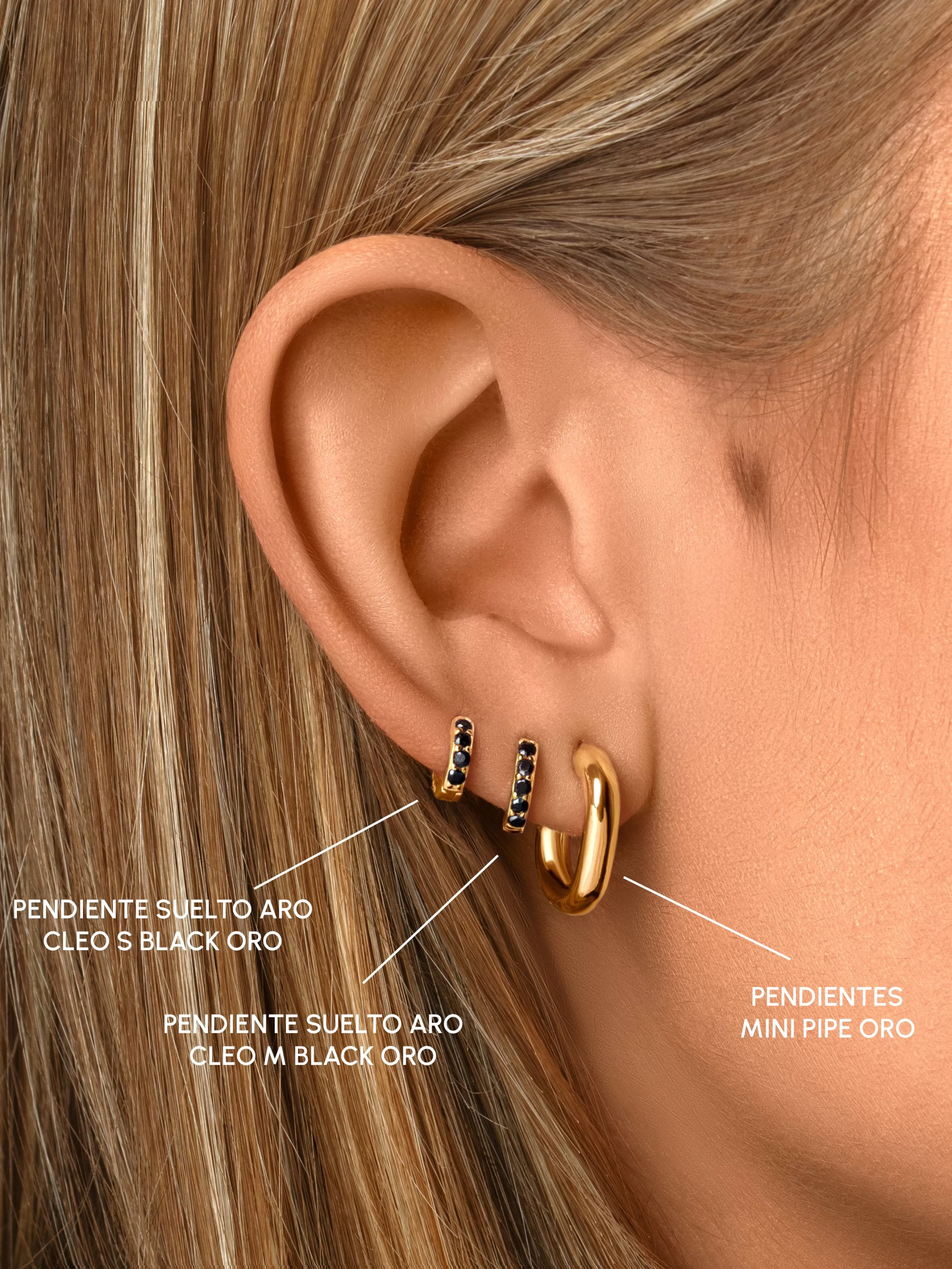 SINGULARU Pendiente Suelto Aro Cleo M Black Plata Bano Oro- Pendientes Sueltos