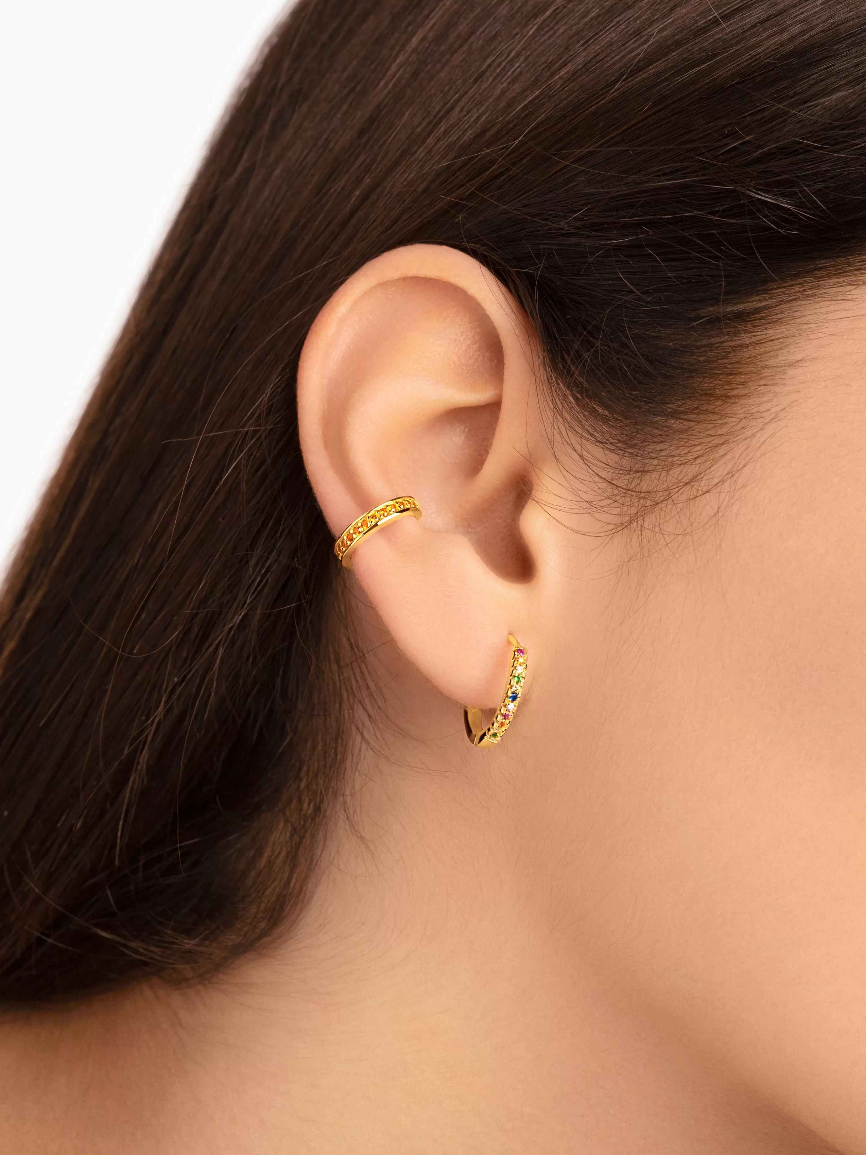 SINGULARU Pendiente Suelto Ear Cuff Cleo Orange Plata Bano Oro- Pendientes Ear Cuffs