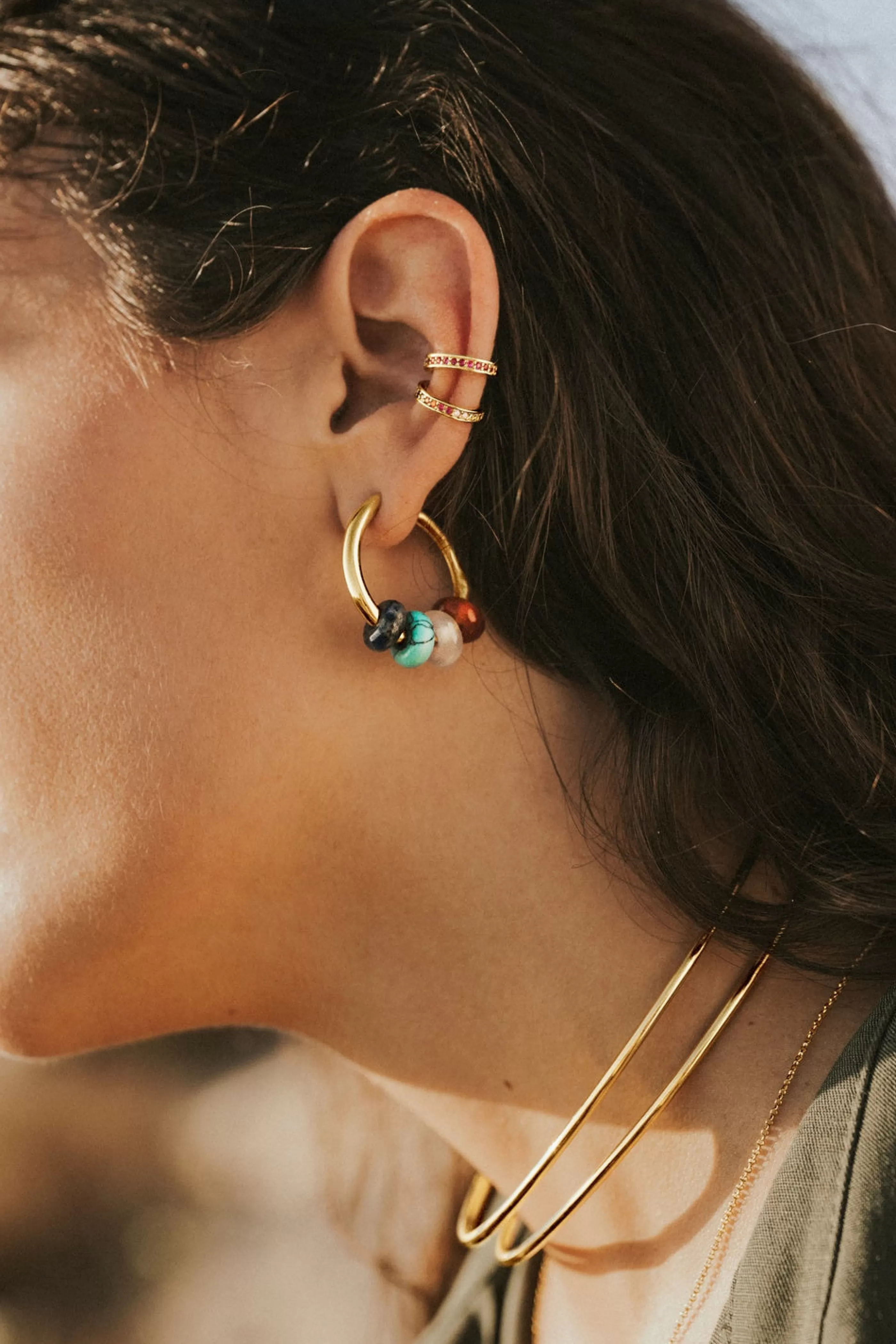 SINGULARU Pendiente Suelto Ear Cuff Cleo Raspberry Plata Bano Oro- Pendientes Ear Cuffs