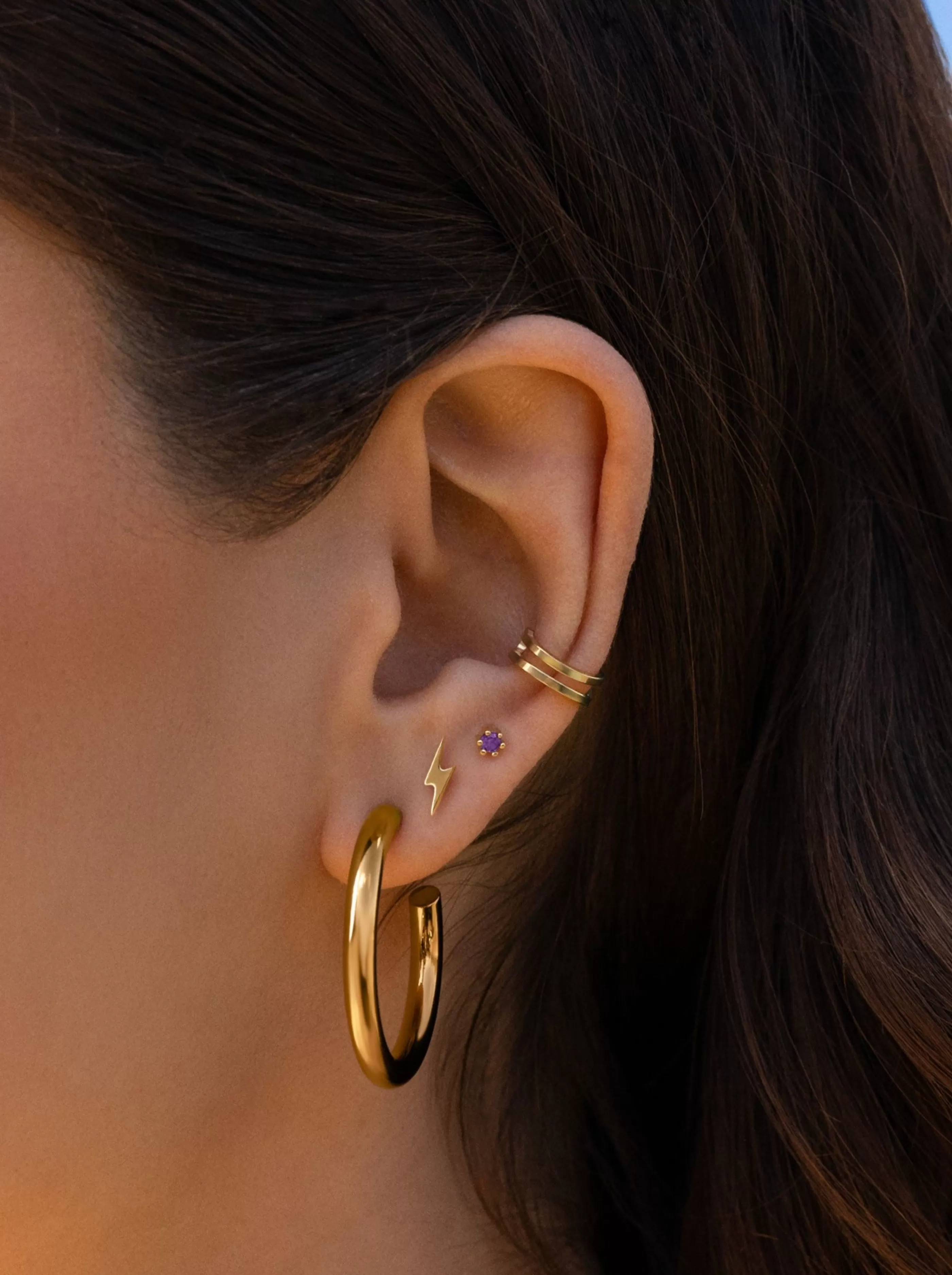 SINGULARU Pendiente Suelto Ear Cuff Double Ring Plata Bano Oro- Pendientes Ear Cuffs