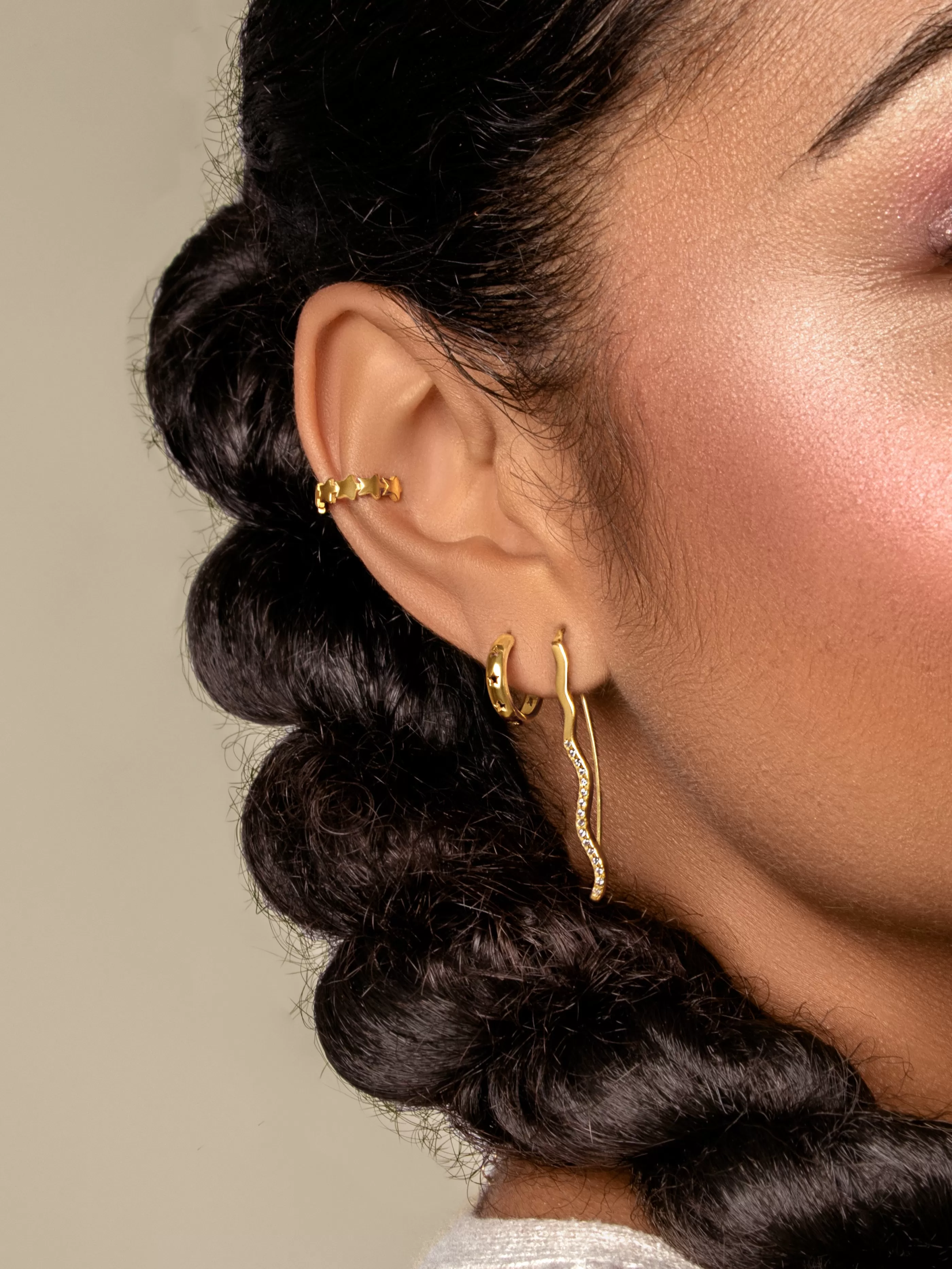 SINGULARU Pendiente Suelto Ear Cuff Mini Stars Plata Bano Oro- Pendientes Ear Cuffs